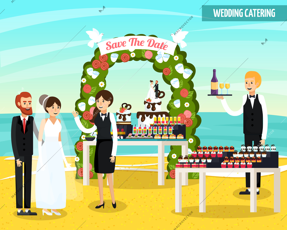 Wedding catering at seashore orthogonal flat composition with bride and groom, waiters, tables with food vector illustration