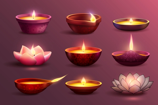 Diwali celebration set with decorative colourful images of burning candles with different pattern and shape vector illustration
