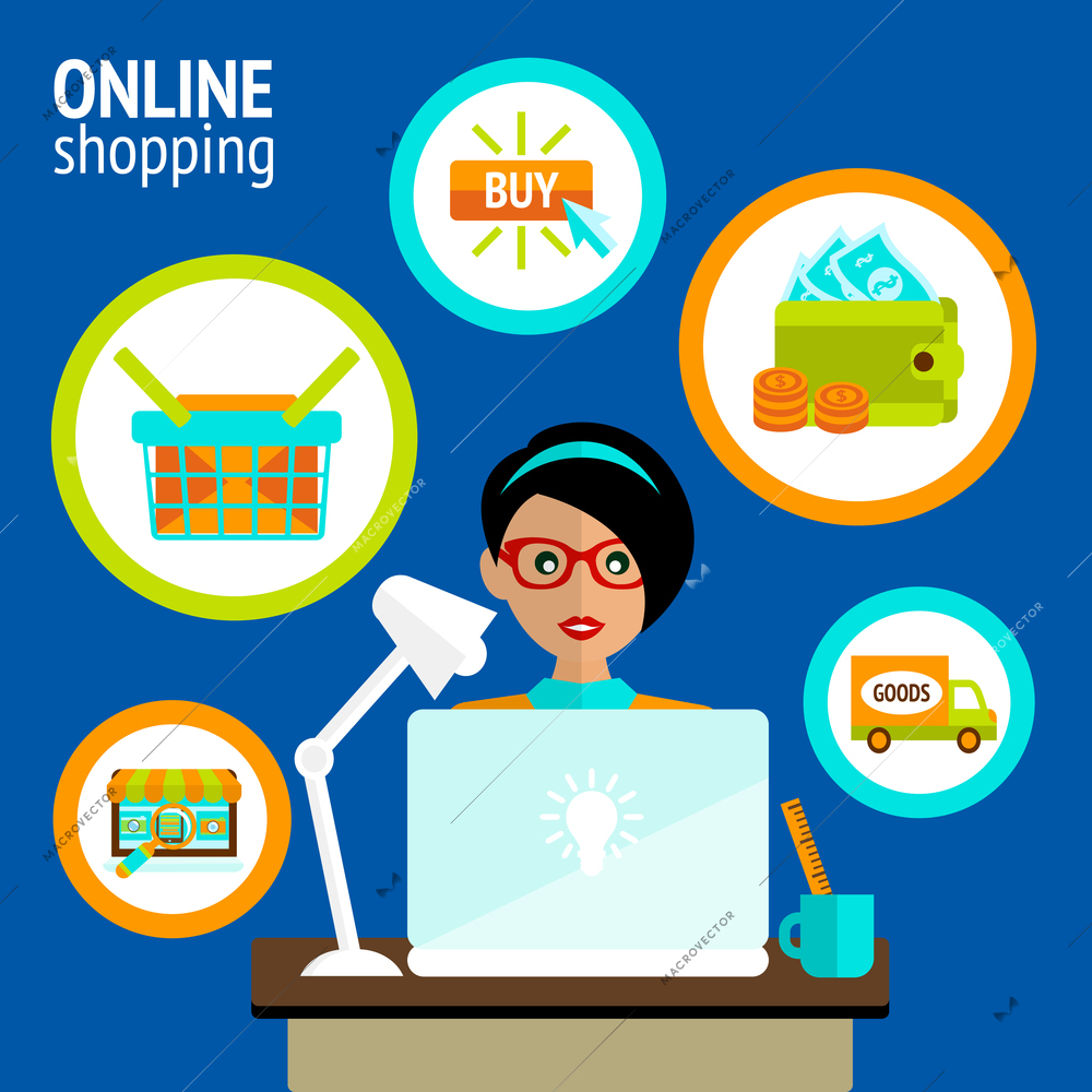 Business woman person on laptop in online shopping search buy payment delivery concept vector illustration.