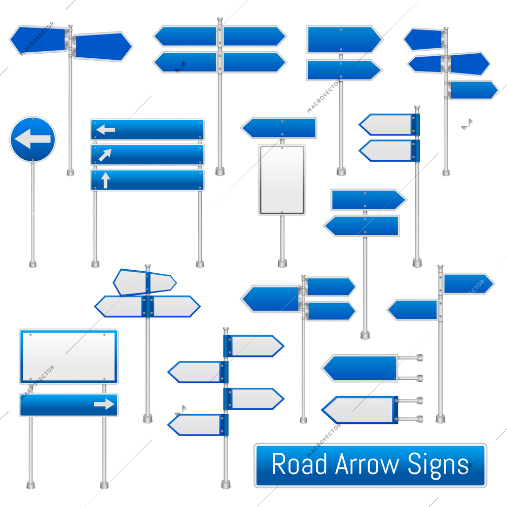 Blue arrow road signs signals realistic traffic regulation  roadsigns collection indicating direction for drivers isolated vector illustration