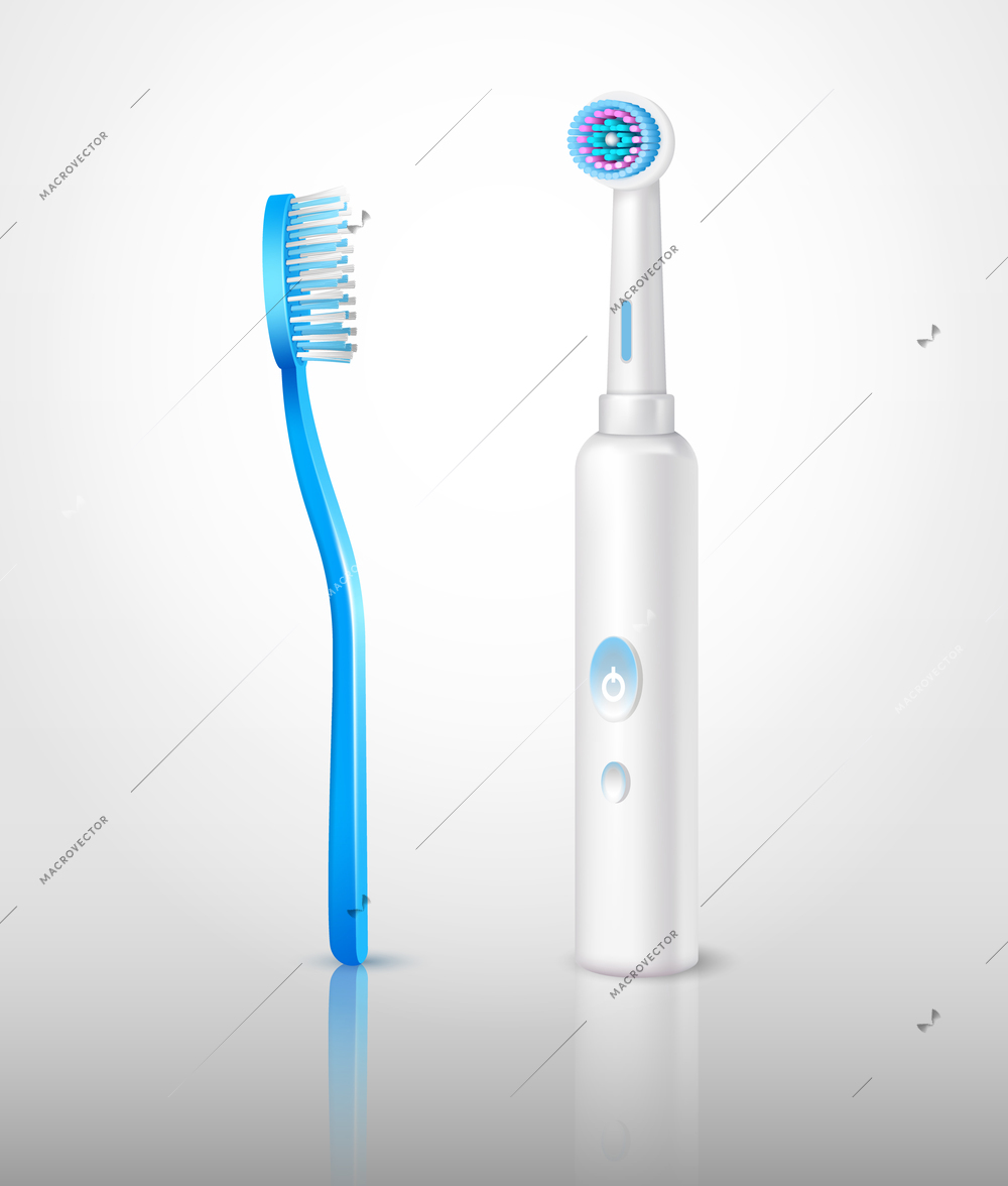 Realistic set of two classic and electric toothbrushes isolated on light background vector illustration