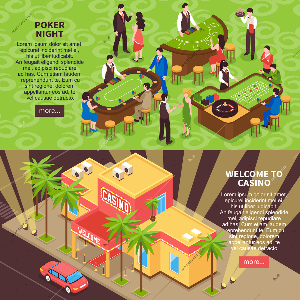 Poker night and welcome to casino horizontal banners with gaming room interior people and casino building isometric elements vector illustration