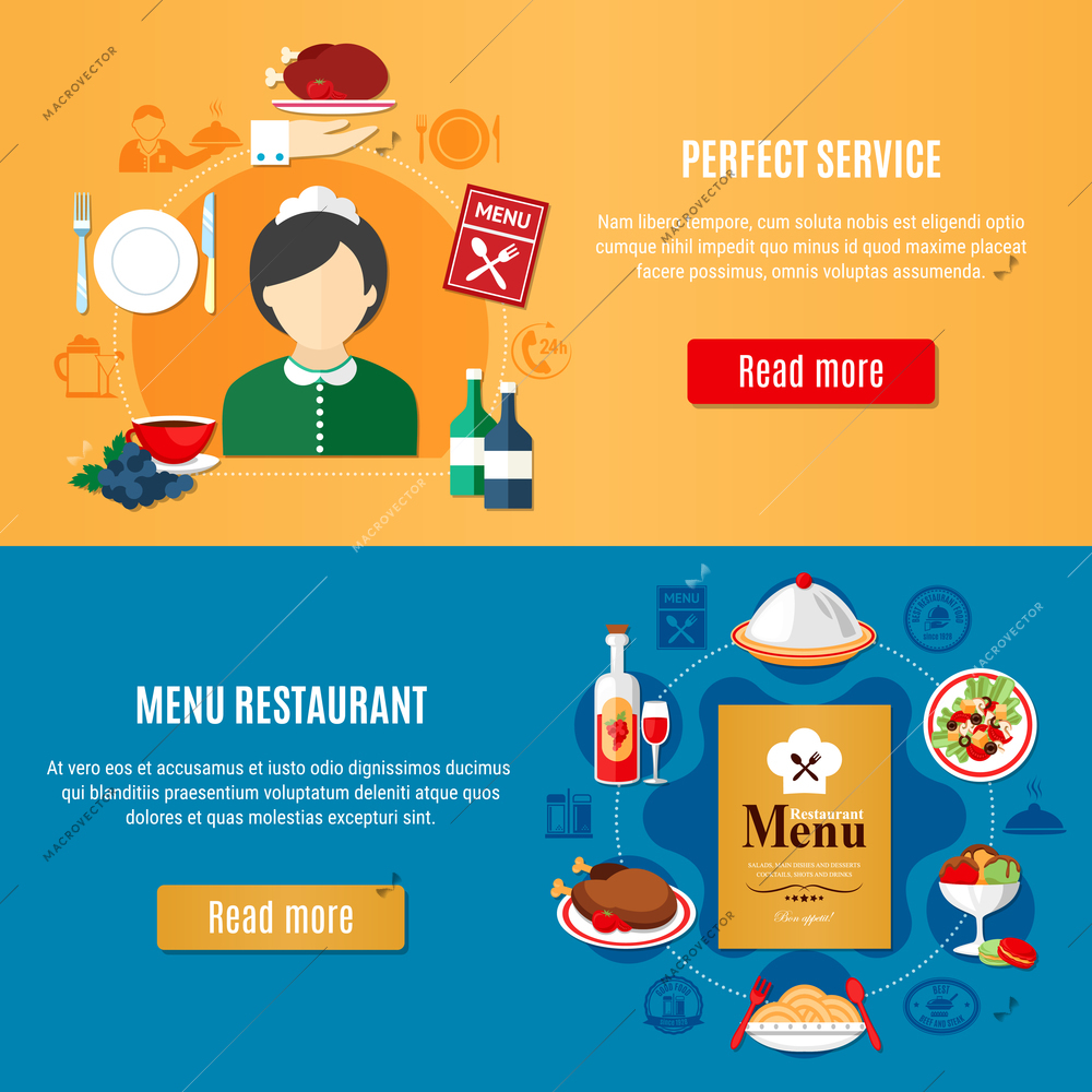 Horizontal banners set with various restaurant dishes and female waiter silhouette flat isolated vector illustration