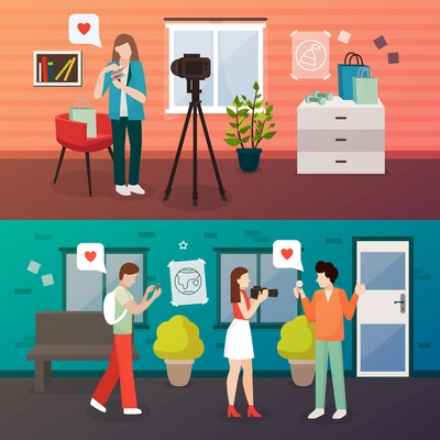 Bloggers people flat compositions set of two horizontal images with doodle style video blogger human characters vector illustration