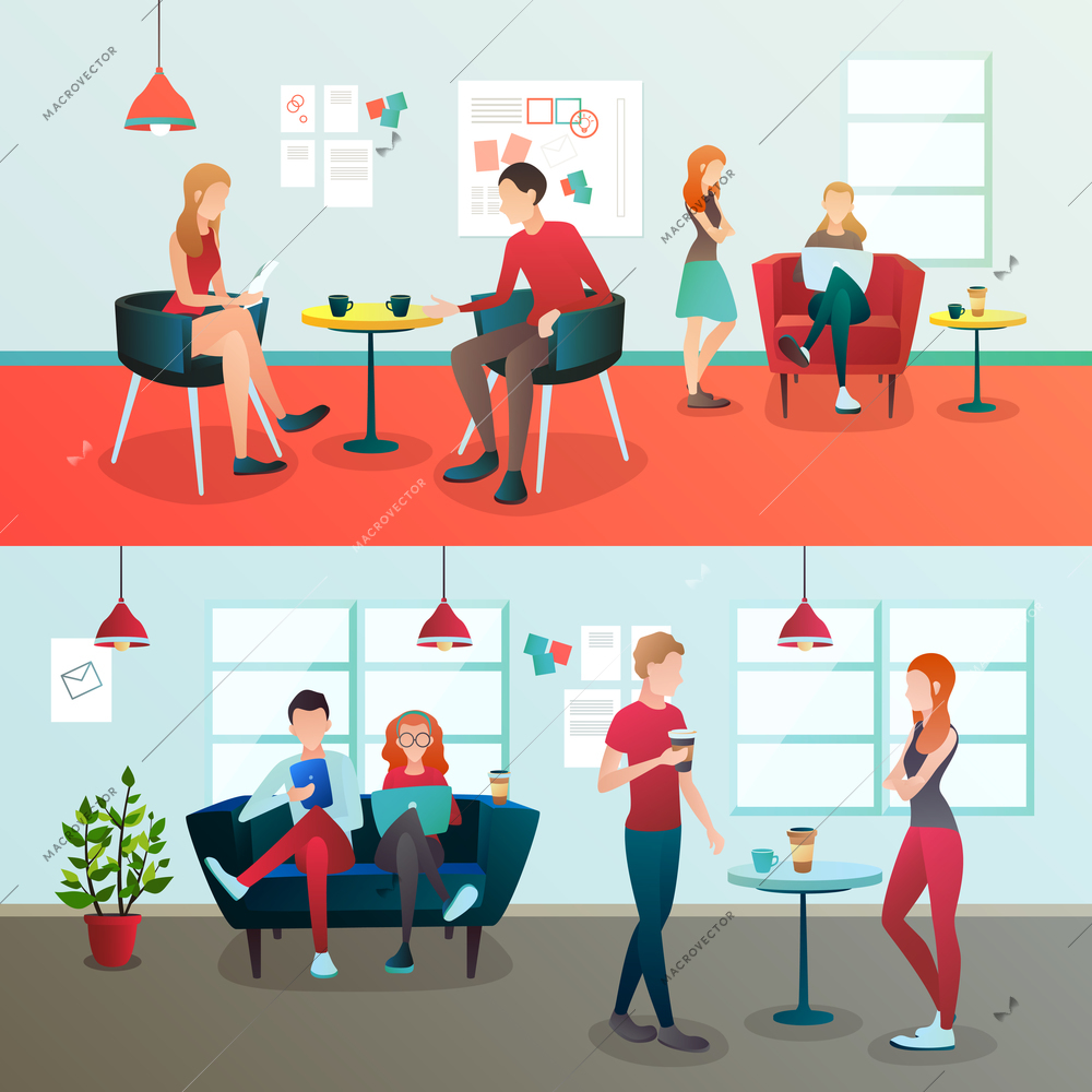 Creative team coworking people gradient flat compositions with doodle style human characters and indoor office environment vector illustration