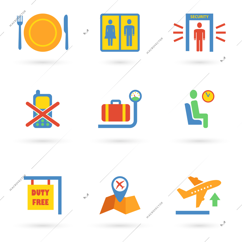 Airport icon flat set of baggage waiting lounge security check isolated vector illustration