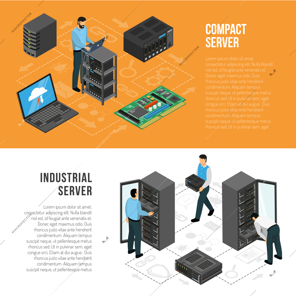 Datacenter isometric horizontal banners with people working with equipment using for compact and industrial servers vector illustration