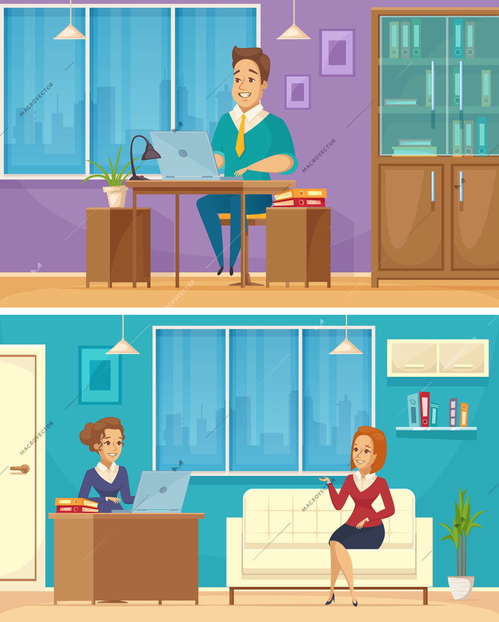 Office personnel work place 2 horizontal retro cartoon banners with coworkers engaged in conversation isolated vector illustration