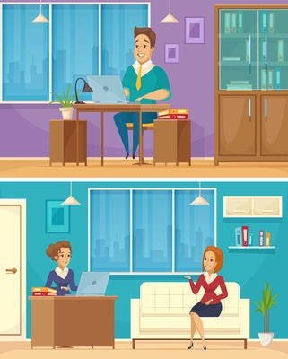 Office personnel work place 2 horizontal retro cartoon banners with coworkers engaged in conversation isolated vector illustration