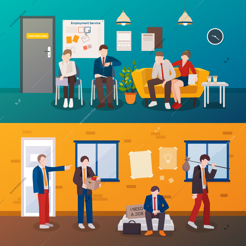 Set of two horizontal unemployed people flat compositions with human characters in interviewing room and outdoors vector illustration