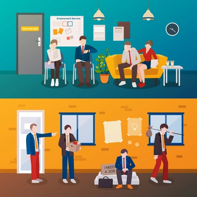 Set of two horizontal unemployed people flat compositions with human characters in interviewing room and outdoors vector illustration