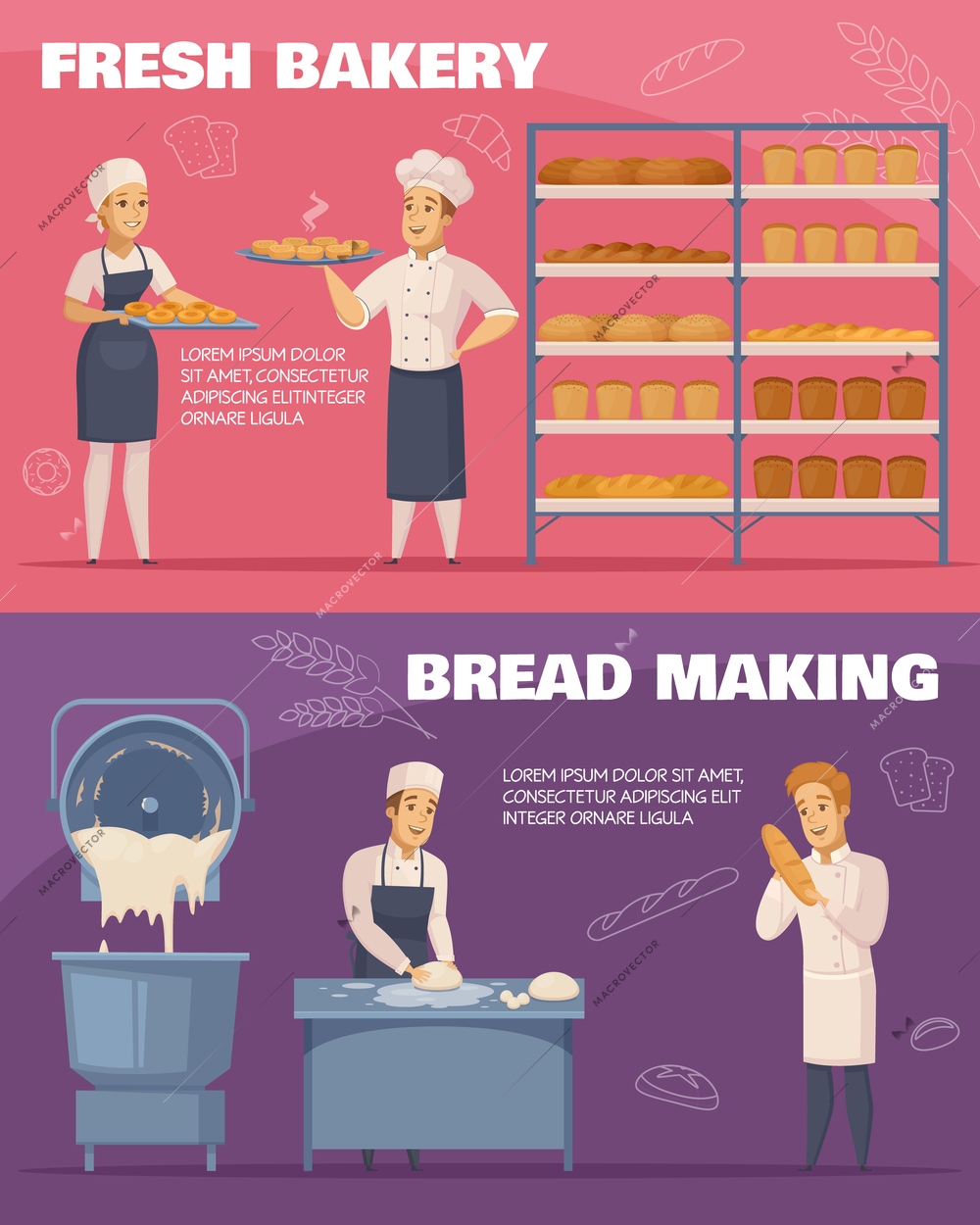 Horizontal cartoon banners isolated on pink and purple backgrounds with fresh bakery and bread making vector illustration