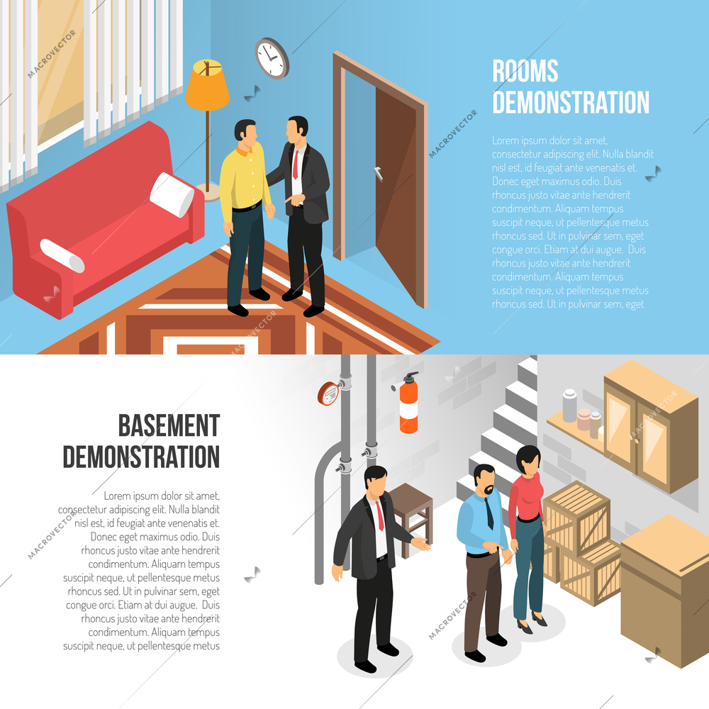 Real estate agency horizontal banners  with buyers and realtor demonstrating  rooms and basement isometric vector illustration