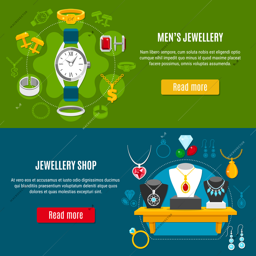 Set of horizontal banners with mens jewelry and showcase of shop with female decorations isolated vector illustration