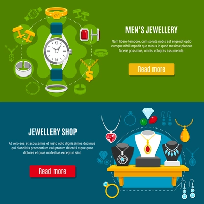 Set of horizontal banners with mens jewelry and showcase of shop with female decorations isolated vector illustration