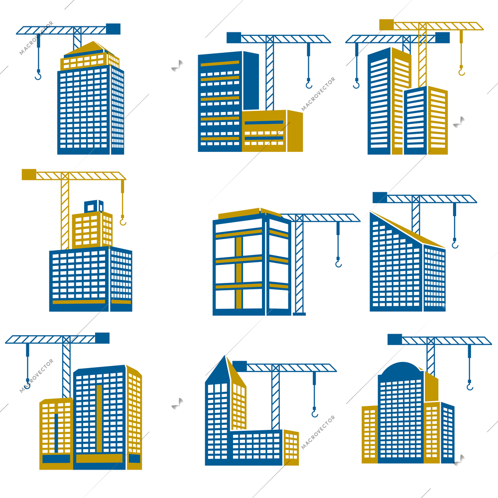 Business modern urban office buildings under construction icons isolated vector illustration