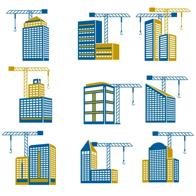 Business modern urban office buildings under construction icons isolated vector illustration