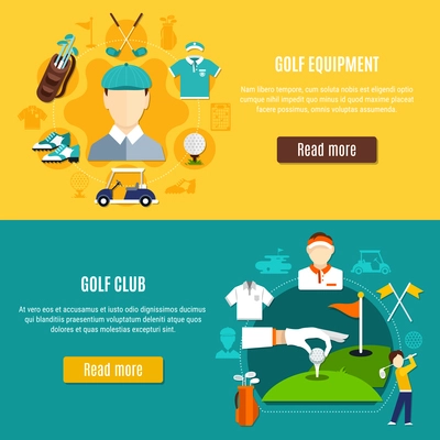 Golf horizontal banners with game equipment and sport club on blue and yellow background isolated vector illustration