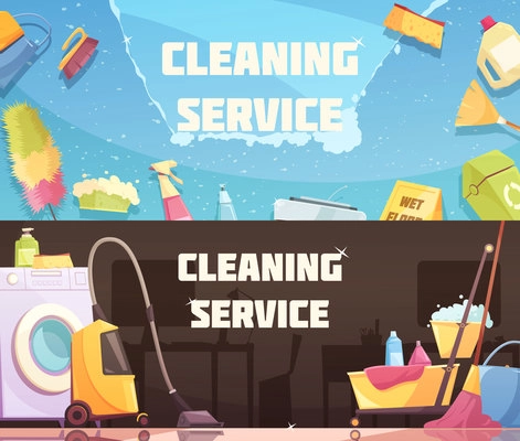 Cleaning service horizontal banners with set of cleaning agents tools and devices flat vector illustration