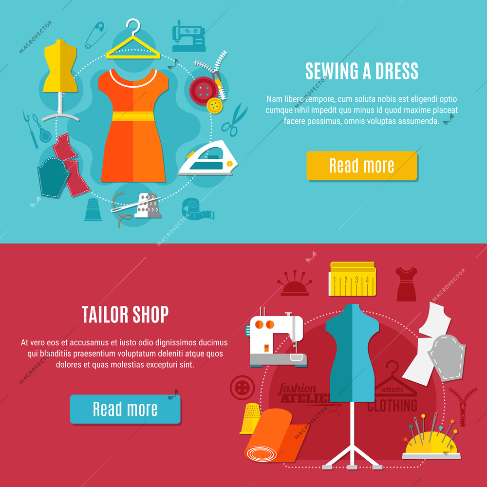 Sewing clothes horizontal banners set with workplace symbols flat isolated vector illustration