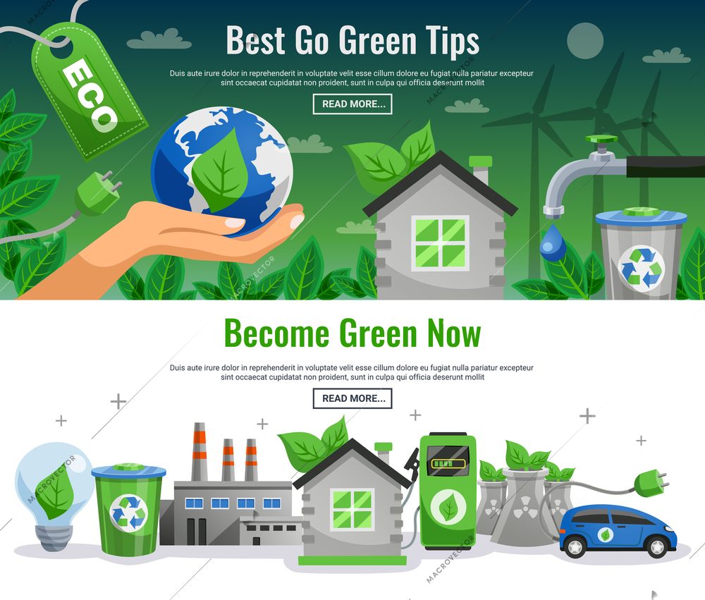 Two ecology banner set with best to green tips become green now headlines and read more buttons vector illustration