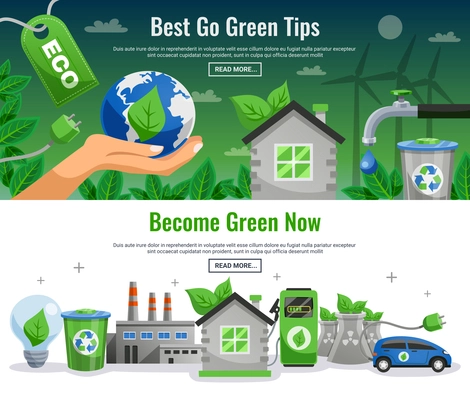 Two ecology banner set with best to green tips become green now headlines and read more buttons vector illustration