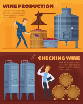 Wine production facility 2 cartoon horizontal banners set with grapes crushing pressing fermenting checking isolated vector illustration