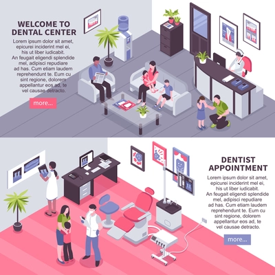 Welcome to dental center and dentist appointment isometric horizontal banners with patients in doctors office vector illustration