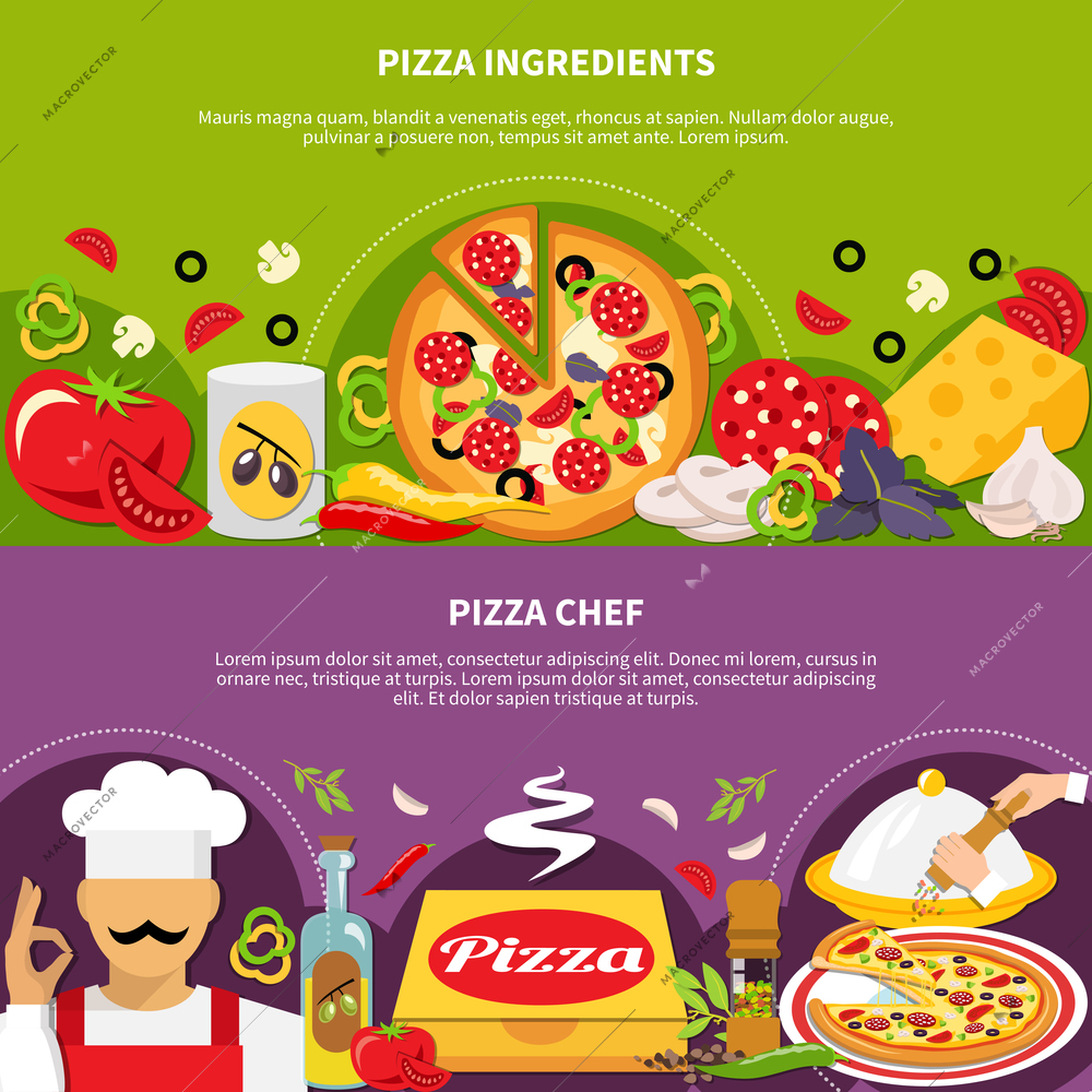 Pizza horizontal banners set with text and flat image compositions with pieces of various filler slices vector illustration