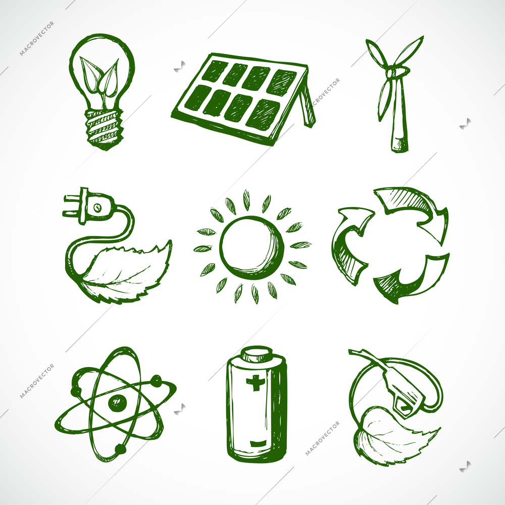 Eco green energy sketch icons set of leaf lightbulb sun panel and atom isolated vector illustration