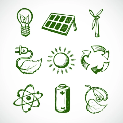 Eco green energy sketch icons set of leaf lightbulb sun panel and atom isolated vector illustration