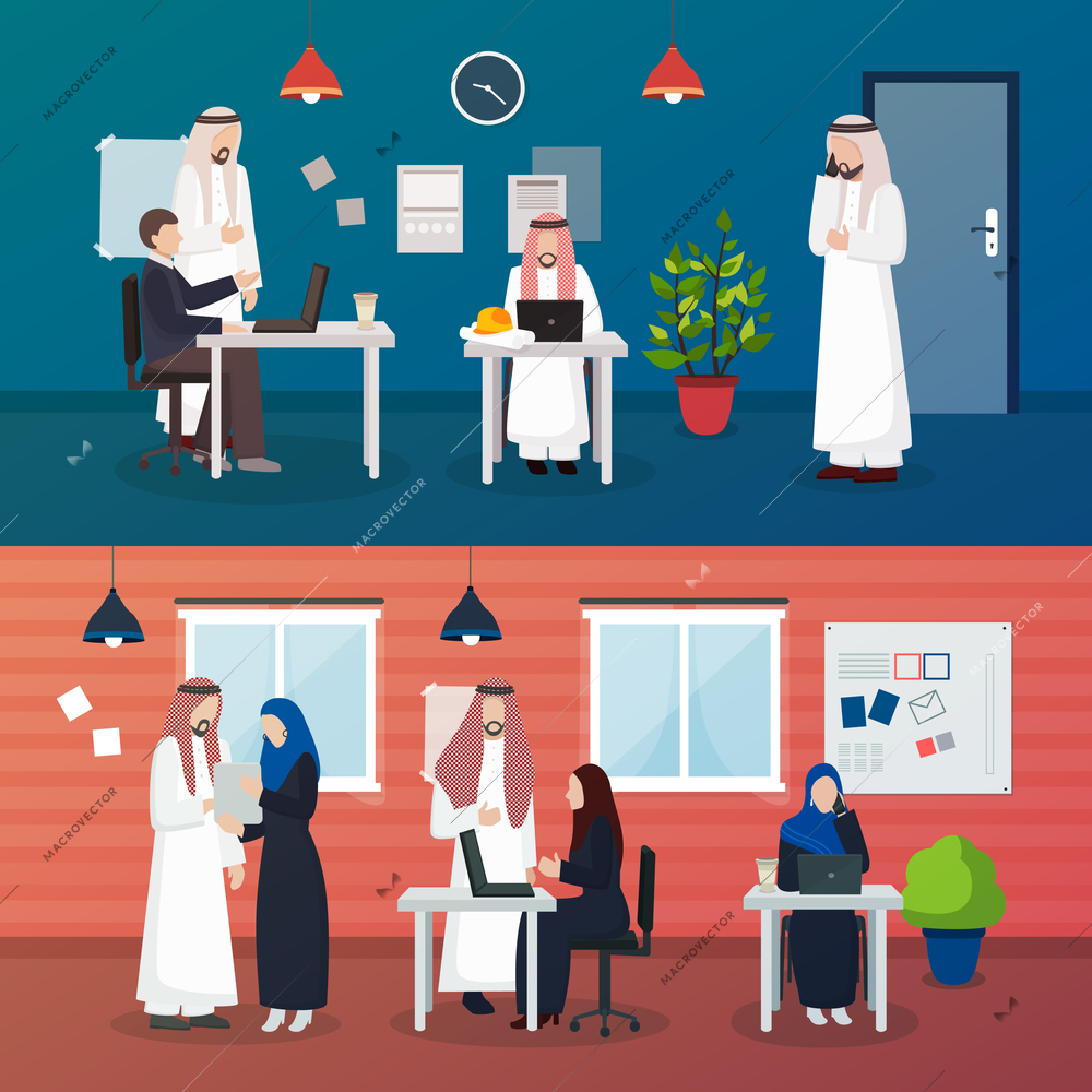 Arab business people horizontal compositions with doodle style office interior elements male and female worker characters vector illustration