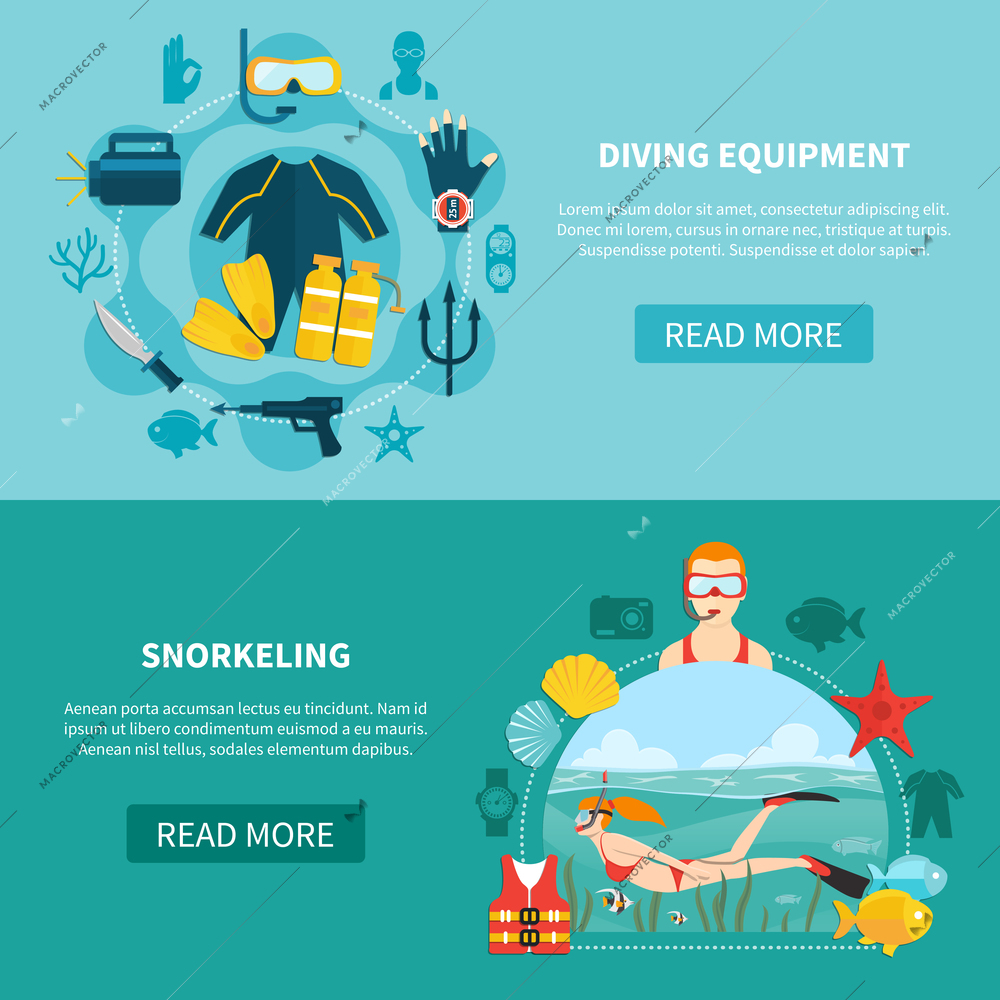 Set of horizontal banners with diving equipment and snorkeling on blue and turquoise backgrounds isolated vector illustration