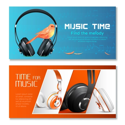 Realistic headphones horizontal banners with canary bird, music notes on blue and red backgrounds isolated vector illustration