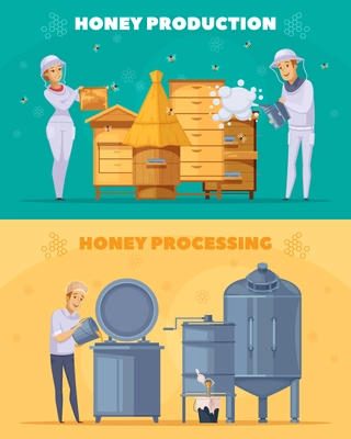 Apiary bee farm production 2 cartoon horizontal banners set with honey harvesting and pasteurization isolated vector illustration