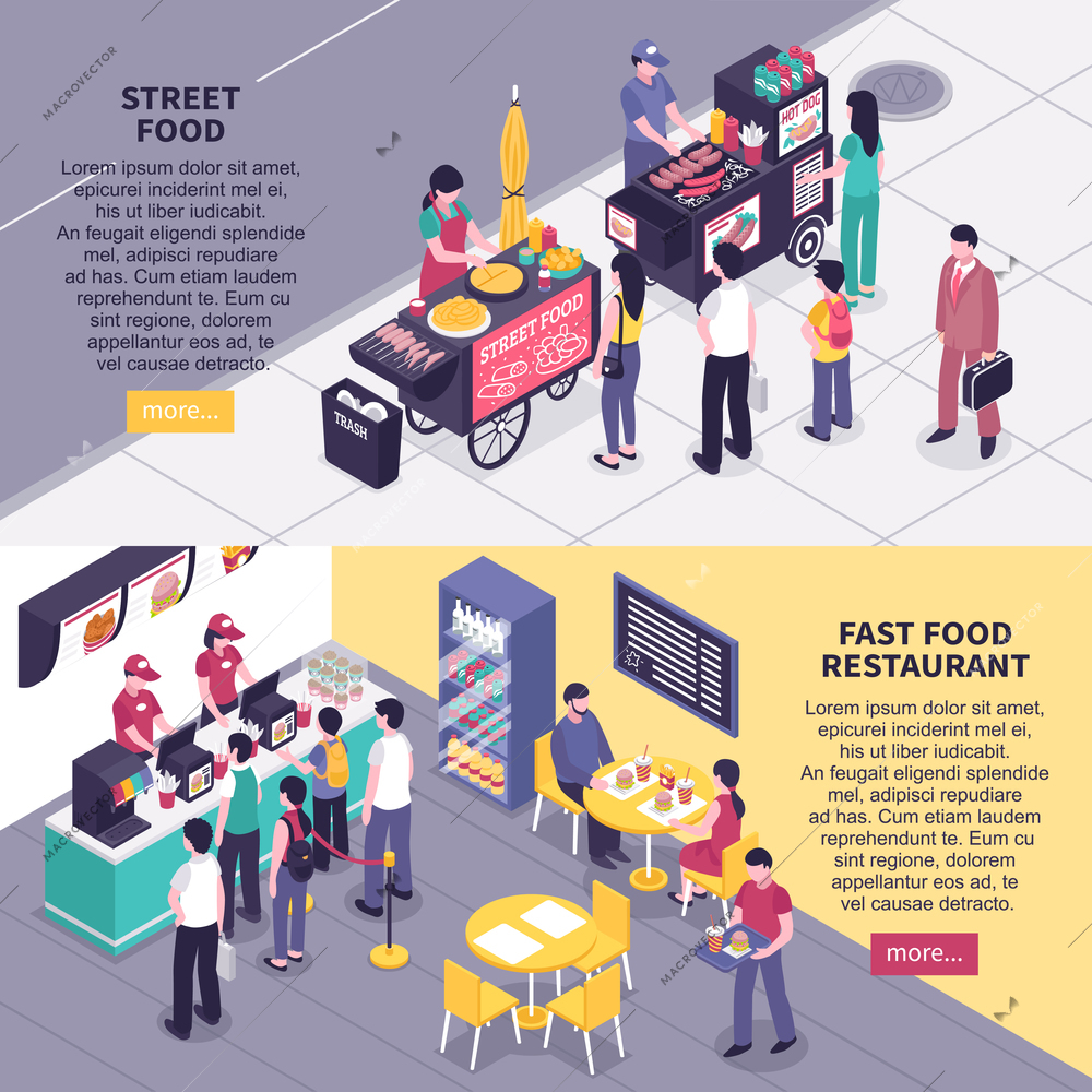 Fast food horizontal banners with people in restaurant and near street carts buying pizza burgers and hot dog isometric vector illustration