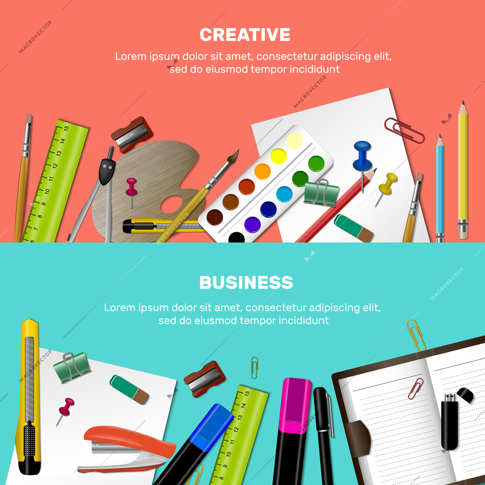 Two horizontal colored cartoon stationery banner set with creative and business descriptions vector illustration