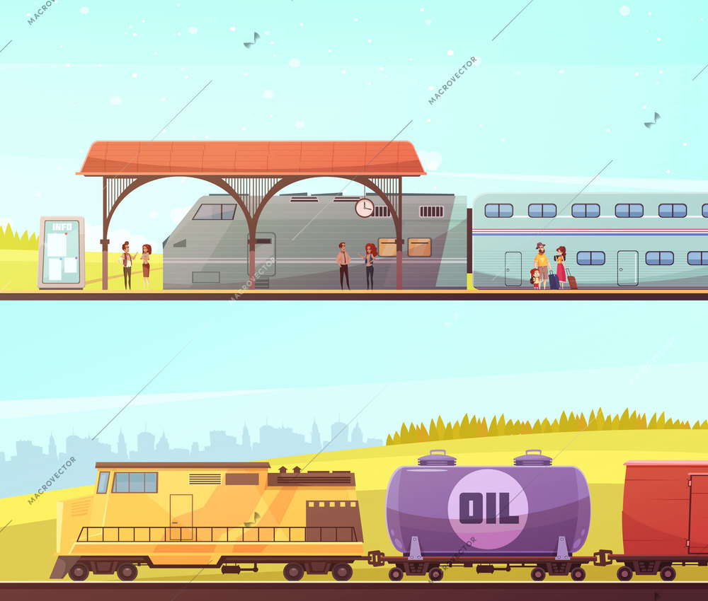 Railway two horizontal banners with passenger train people on station and freight train with oil tank flat vector illustration