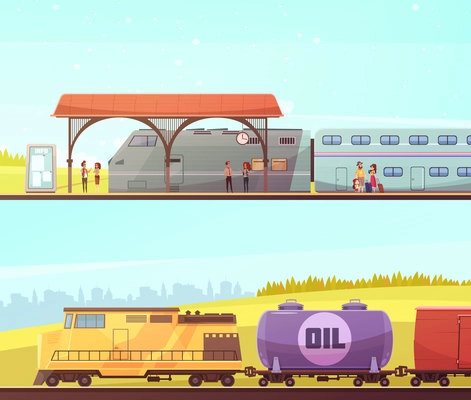 Railway two horizontal banners with passenger train people on station and freight train with oil tank flat vector illustration