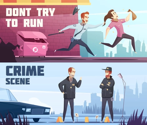 Two horizontal banners on police theme with policeman offender and driver violated traffic rules cartoon figurines vector illustration