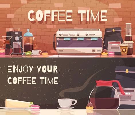 Coffee time two horizontal banners with automatic and manual equipment for brewing coffee flat vector illustration