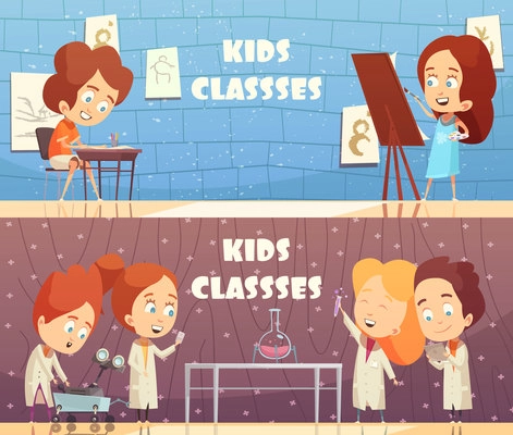 Children classes horizontal banners with cartoon kids painting in studio and making chemistry experiment in laboratory vector illustration
