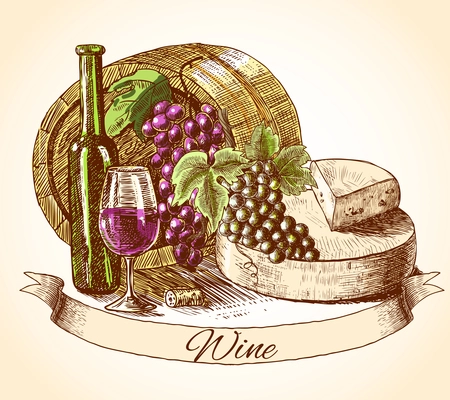 Colored wine cheese and bread vintage sketch decorative hand drawn background vector illustration