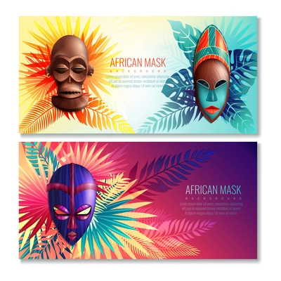 African horizontal banners set with colourful images of ethnic festive masks and leaves with editable text vector illustration