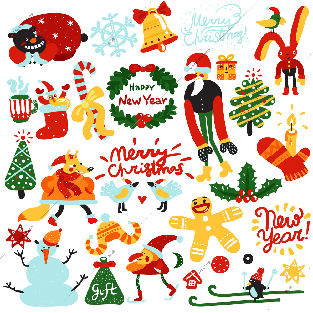 Set of colorful christmas and new year elements with santa, garland, cookie, gift, snowflake isolated vector illustration