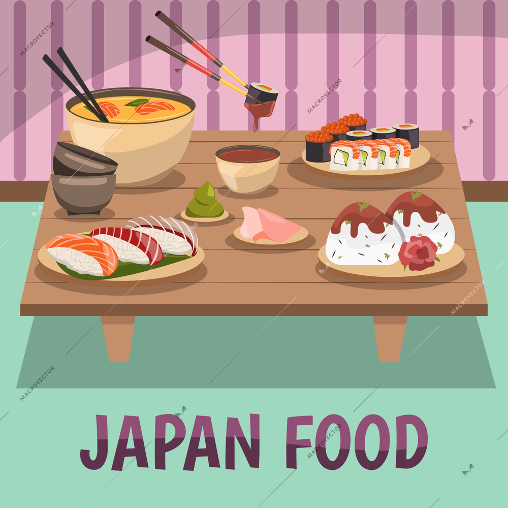 Traditional japanese food background poster with sushi sashimi wasabi curry soy sauce and chopsticks orthogonal vector illustration