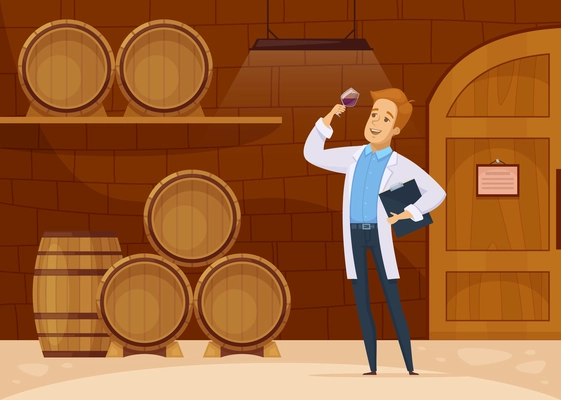 Winery production with winemaker in storage cellar tasting wine aging in oak barrels cartoon composition vector illustration