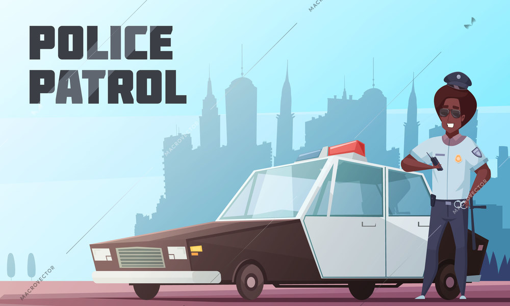 Police patrol cartoon vector illustration with officer standing near police car with special beacon on city background