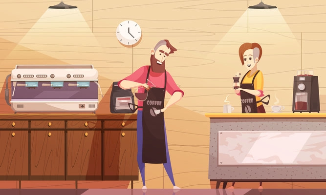 Coffee house vector illustration with barista and barmaid standing near coffee machine and holding brewed drink