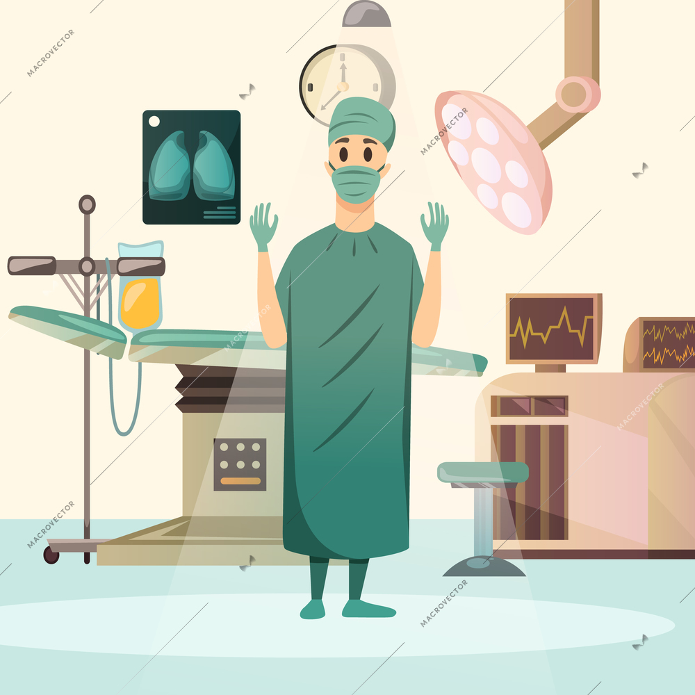 Defeat cancer orthogonal composition with oncologist surgeon in operating room equiped with table lights and infuser vector illustration